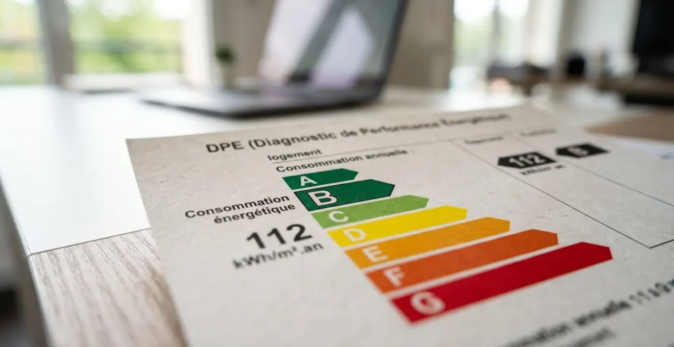 Gros plan sur un document officiel DPE posé sur un bureau contemporain, avec l'étiquette énergétique colorée A-G en mise au point nette