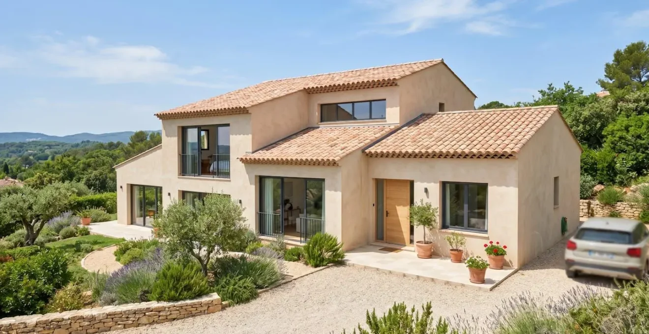 Façade d'une maison contemporaine française avec tuiles méditerranéennes sous un ciel lumineux du Sud