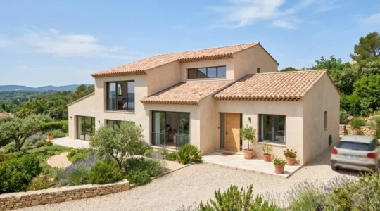 Façade d'une maison contemporaine française avec tuiles méditerranéennes sous un ciel lumineux du Sud