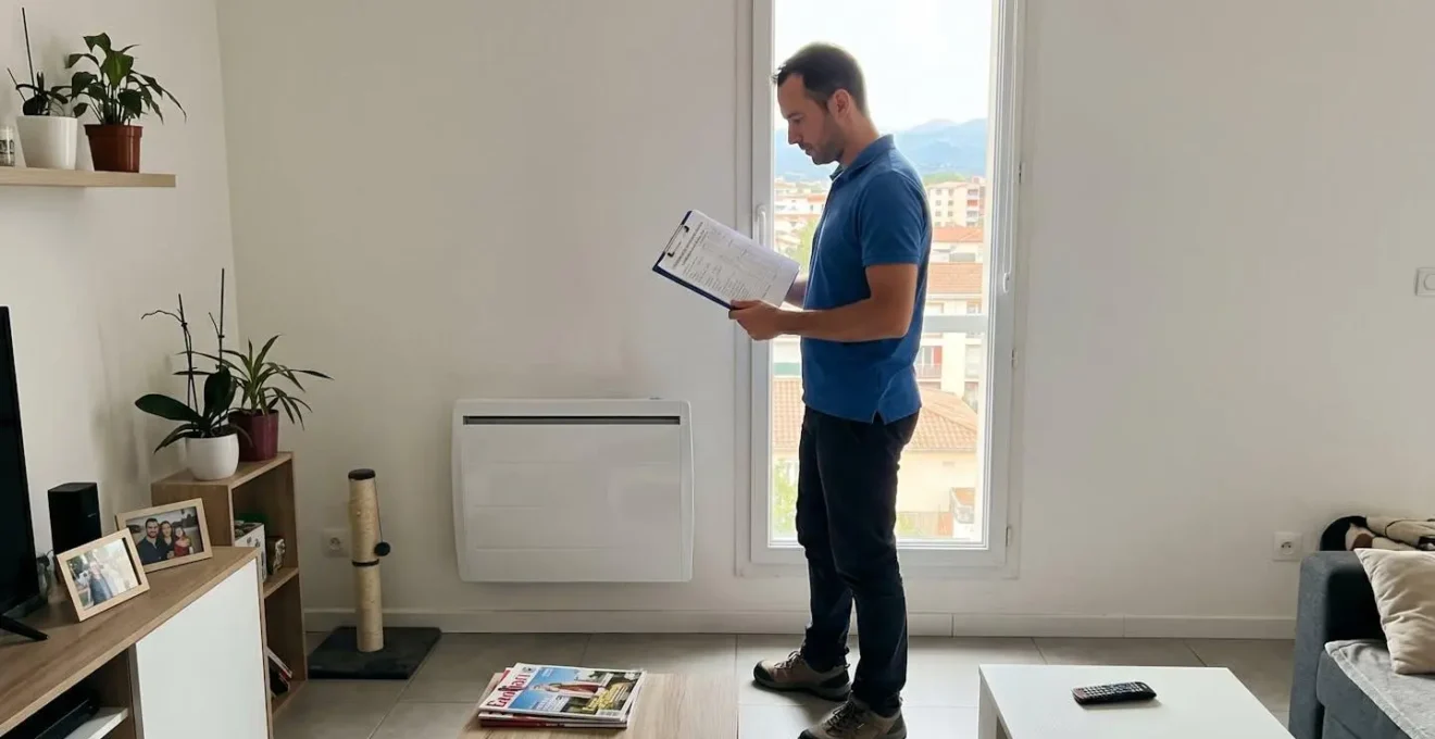 Diagnostiqueur certifié consultant ses notes lors d'une inspection énergétique dans un appartement lumineux à Perpignan