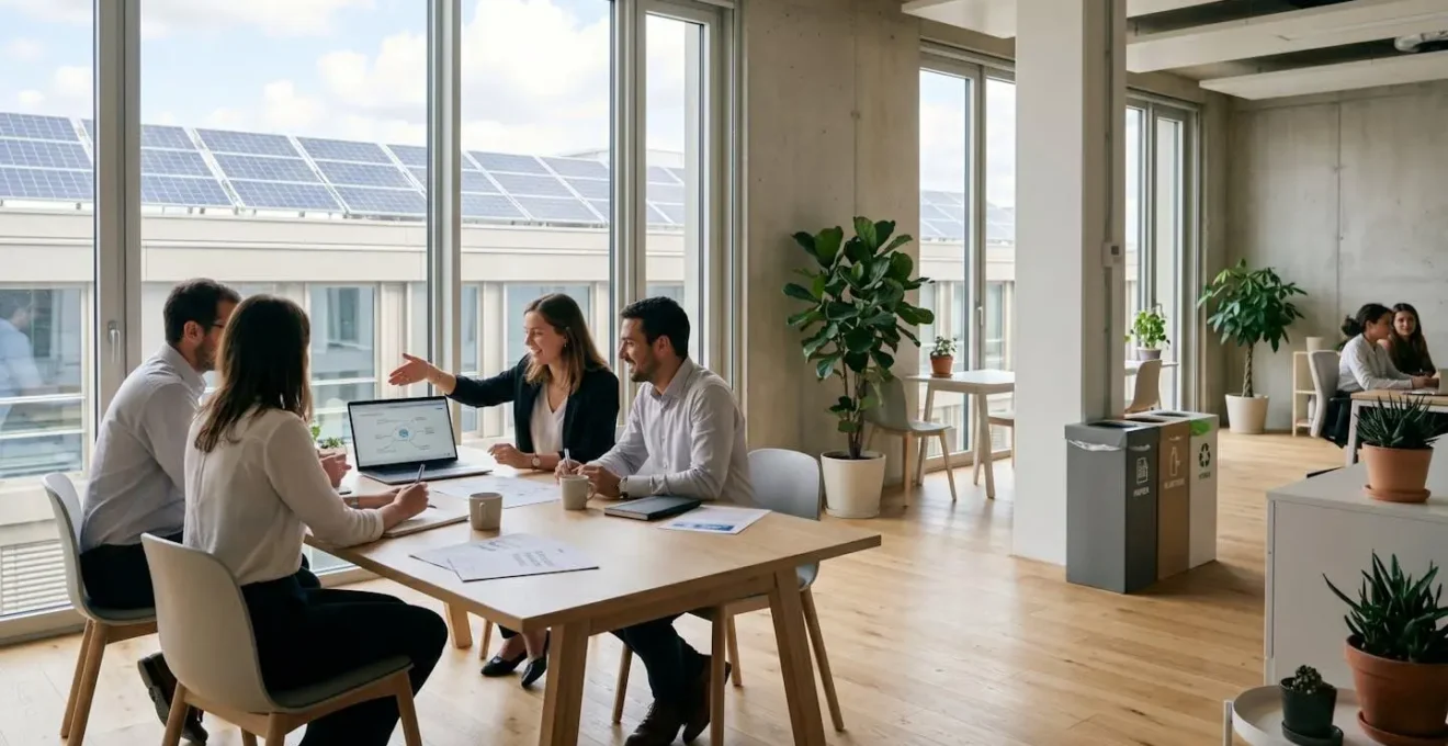 Bureaux modernes d'entreprise française avec collaborateurs travaillant dans un open space lumineux, éléments RSE visibles naturellement intégrés