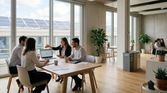 Bureaux modernes d'entreprise française avec collaborateurs travaillant dans un open space lumineux, éléments RSE visibles naturellement intégrés