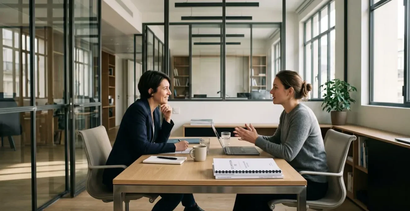 Entretien de recrutement dans un bureau moderne avec documentation RSE visible, ambiance professionnelle et bienveillante